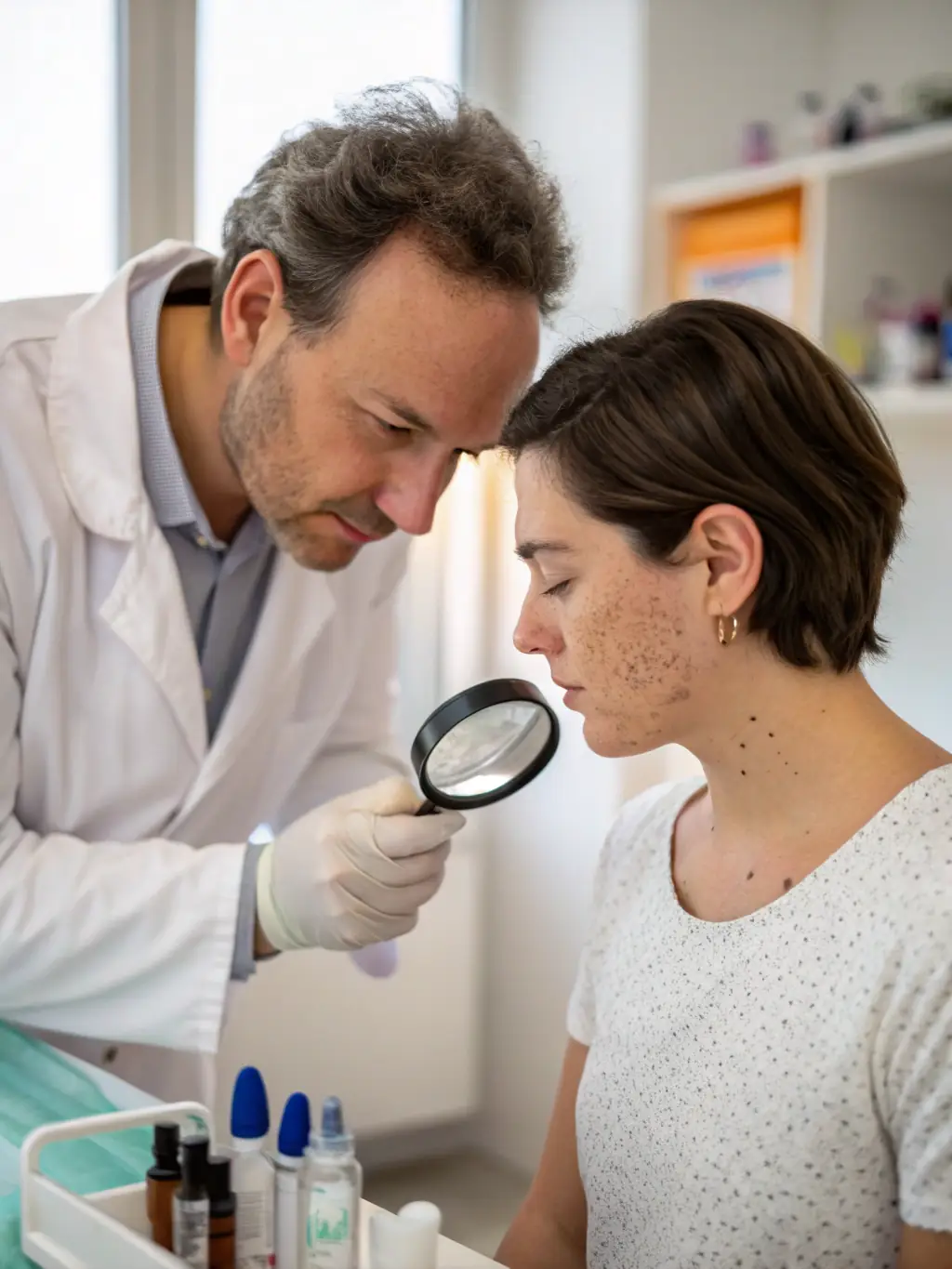 A dermatologist examining a patient's skin, emphasizing the scientific backing and professional care behind Arbor Park's skincare solutions.